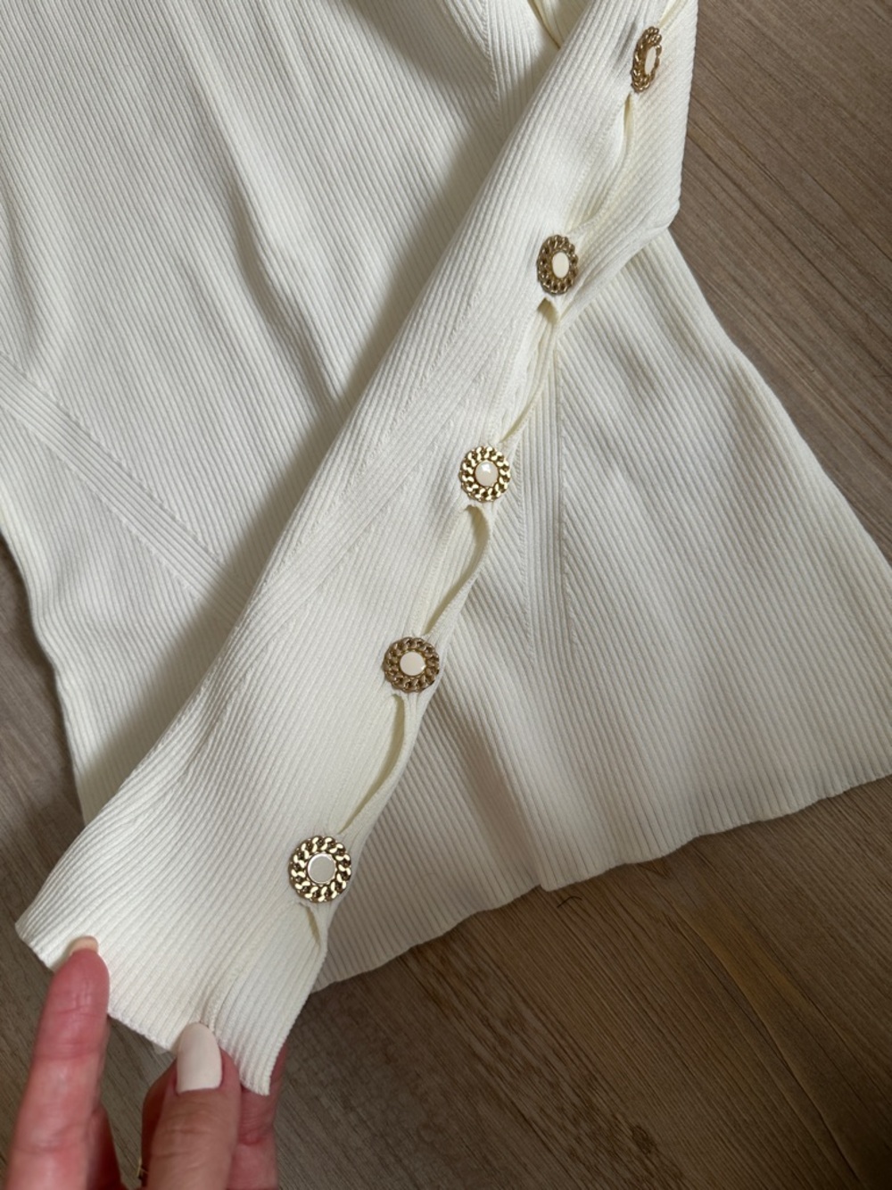 Jonathan Simkhai Ivory Long Sleeve Crewneck Sweater with Button Trim - Picture 3 of 7